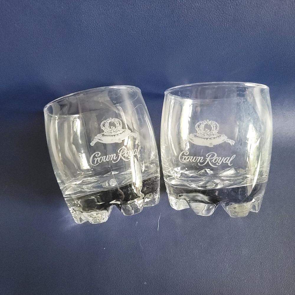 Crown Royal Whiskey Lowball Glasses Set of 2 Etched Crown Logo Rocks Tumblers